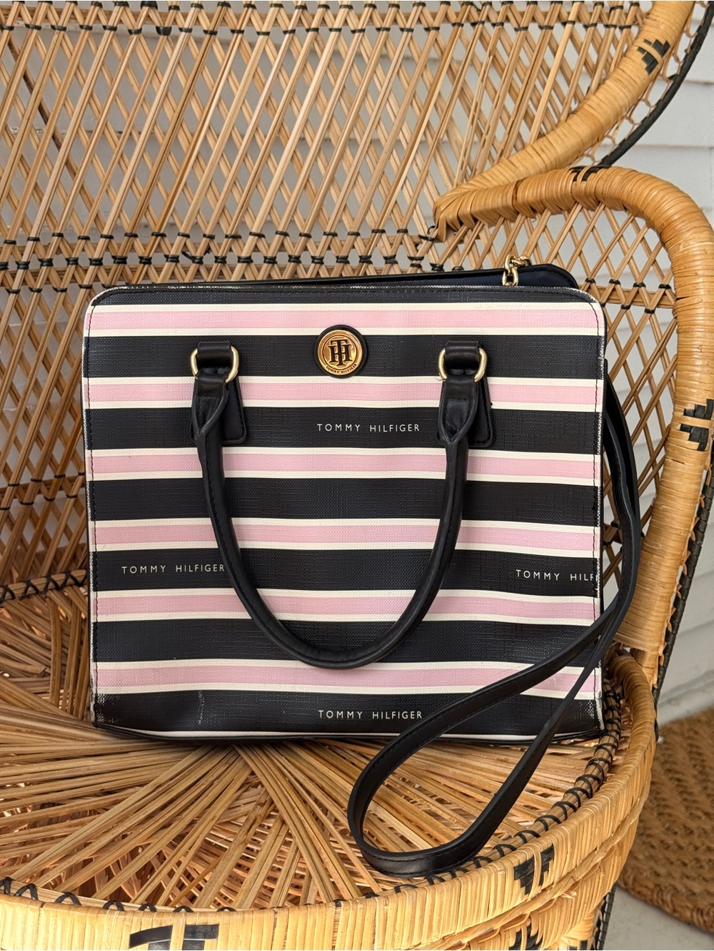 Tommy Hilfiger Black, Pink & White Striped Satchel